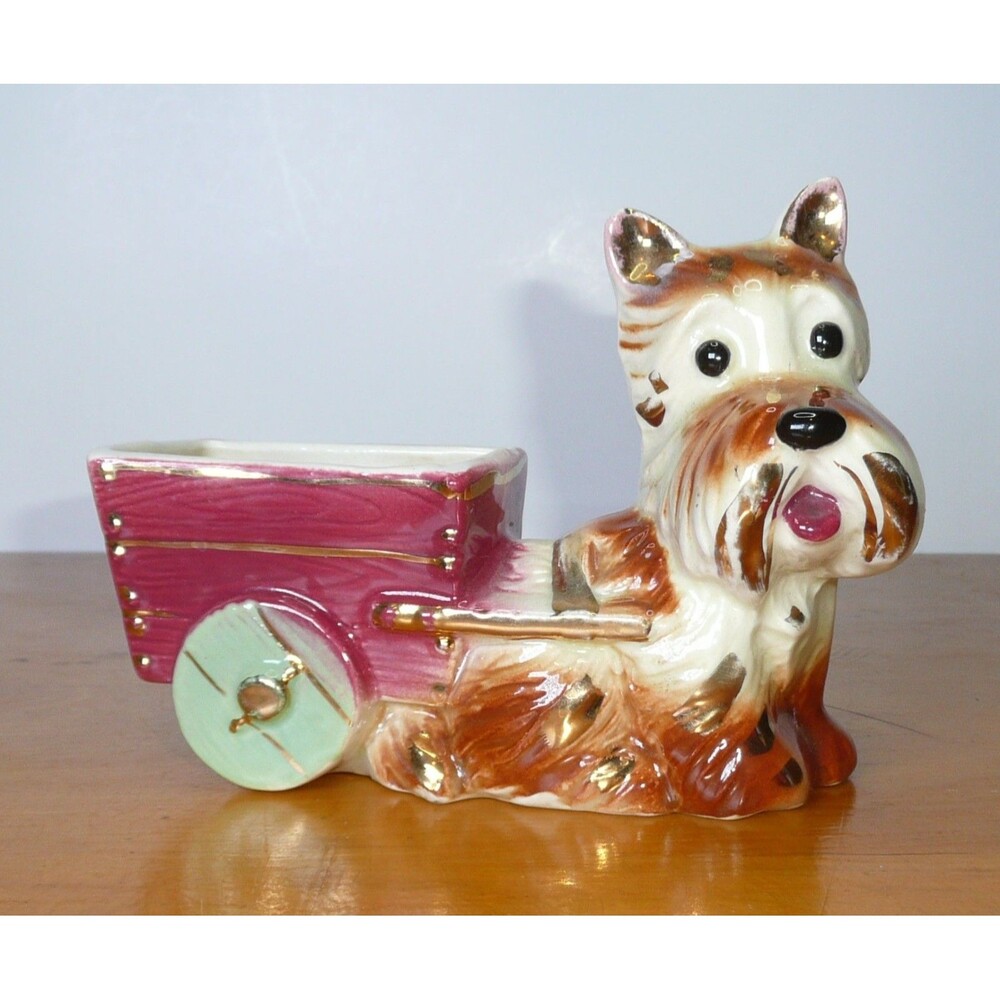 VTG MCM Scottie Terrier Dog Planter Vintage Royal Copley Wagon Cart Gold Trim